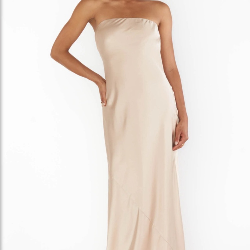 Show Me Your Mumu Champagne Luxe Satin Gown with matching scarf